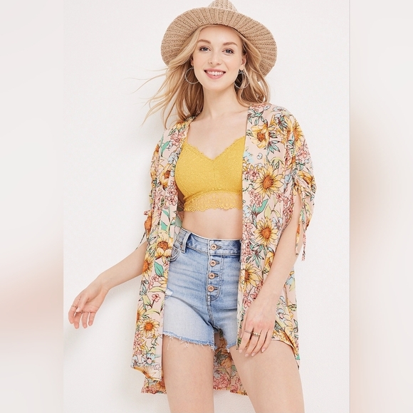 Maurices Floral Cinched Sleeve Kimono with Yellow and Pink Accents - Picture 1 of 16